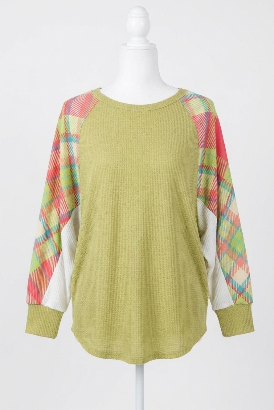NEW BIBI solid hacci knit with check block sleeves top in avocado with raglan sl